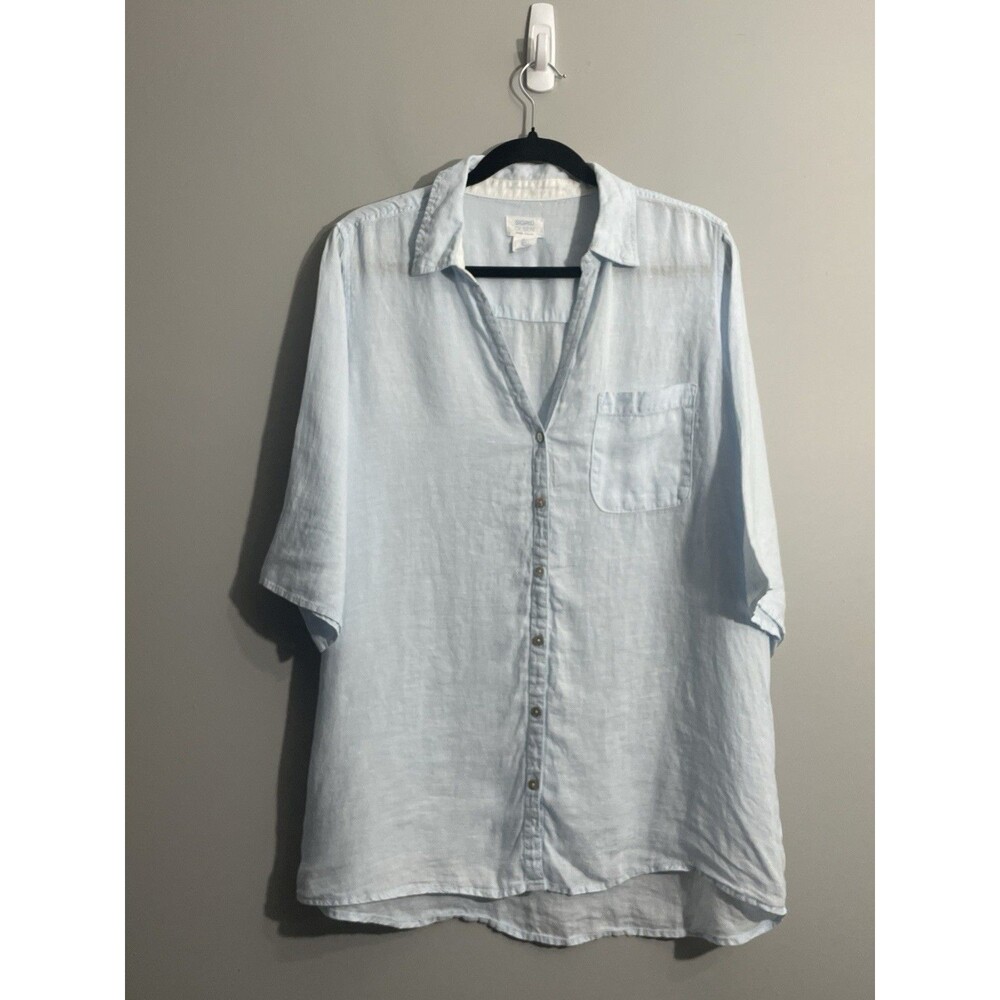 Sigrid Olsen Blue Linen Button Front Shirt Women's Large 3/4 Sleeve Lightweight